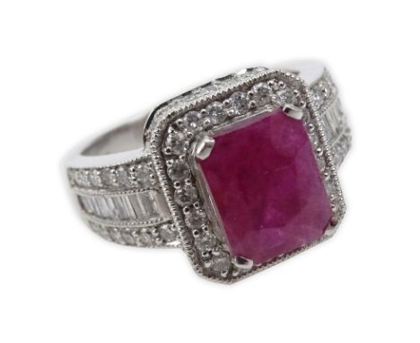 Approx. 2.50 Carat Rectangular Cushion Cut Ruby, 1.0 Carat Round Brilliant and Baguette Cut Diamond and 18 Karat White Gold R