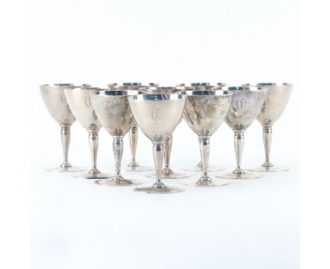 Set of Ten (10) Tiffany & Co. Sterling Silver Wine Glasses. Signed. Monogrammed, light wear from use or in good condition. Me