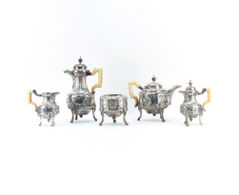 Victorian Frederick Elkington English Silver Five (5) Piece Coffee/Tea Service. Includes: coffee pot, tea pot, waste bowl, op