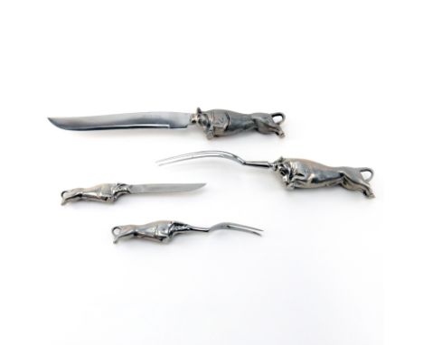 Twenty Two (22) Piece Bruce Fox Pewter Flatware with bull Motif. Incudes: 10 individual knives, 10 individual forks, large ca