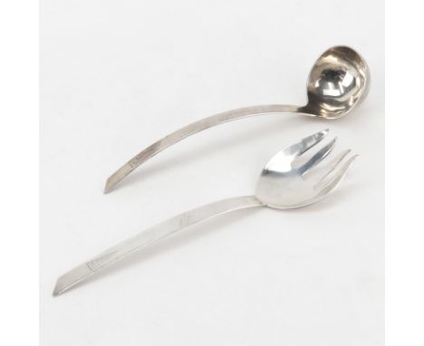 Vintage F. Ramirez Mexican Sterling Silver Ladle and Salad Serving Fork. Stamped. Monogrammed handled. Good condition. Fork m
