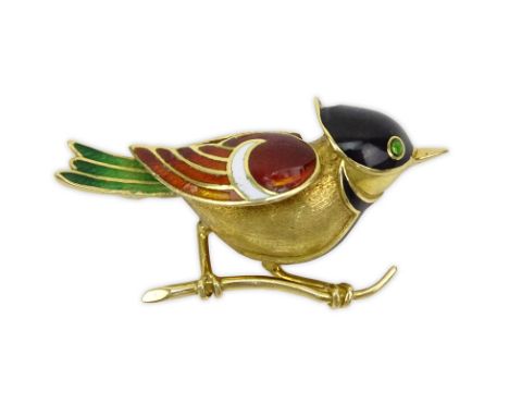 Vintage 18 Karat Yellow Gold and Enamel Bird Brooch. Unsigned. Enamel losses. Measures 3/4" H, 1-1/2" L. Approx. weight: 8.7 