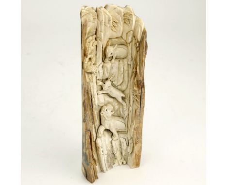 Antique Chinese Mammoth Tusk Carving Depicting Animals. Unsigned. Age cracks. Measures 7-1/2" H. This item will only be shipp