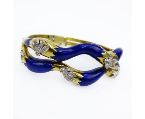 Vintage Italian Enameled 18 Karat Yellow Gold Hinged Bangle Bracelet with Small Diamond Accents. Signed Italy, 18K. Very good