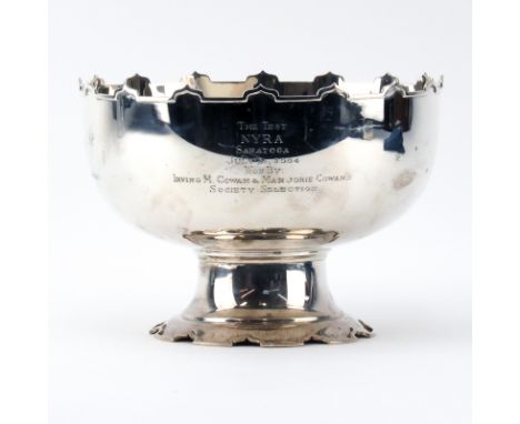 English Silver Trophy Pedestal Bowl. Engraved "The Test NYRA Saratoga July 31, 2004, Won By Irving M. Cowan & Marjorie Cowan 