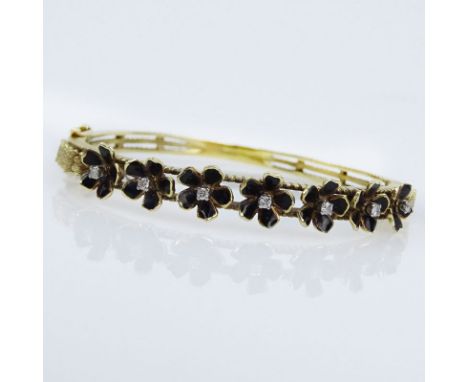 Vintage 14 Karat Yellow Gold, Enamel and Diamond Bangle Bracelet. Stamped 14K. Good vintage condition. Measures 5/16" W, 2-3/