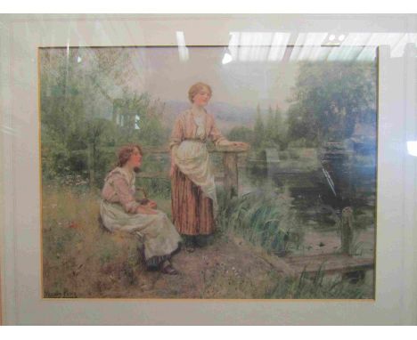 A lithograph in colours after Henry John Yeend King (1855-1924) of two young women by a river, one standing the other sitting