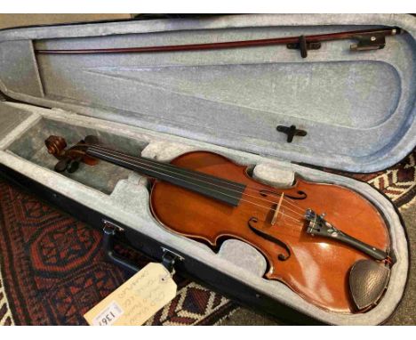 A mid-late 20th Century violin, cased with bow, 60.5cm length