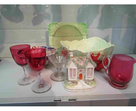 A ceramic house money box, china bowls, Lobster plate and bowl etc.