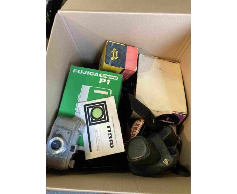 A box of mixed cameras including Asahi Pentax SP500 SLR, Finetta 88 35mm etc, together with a Bell &amp; Howell Luminia 8mm p