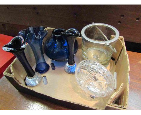 Blue art glass vases, glass ice basket etc.