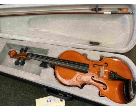 A modern student's violin, cased with bow, 57.5cm length