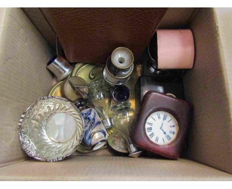 A box of mixed items including a pair of Doulton Burslem urns, cased fob watch and Art Nouveau crumb tray 