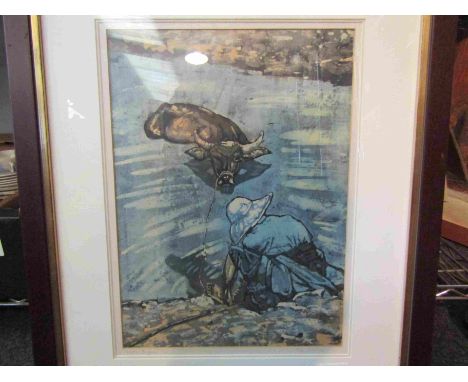 Limited edition Batik picture (3/10) After Rosi Robinson, (b 1947), Water buffalo in a river with its keeper on the riverbank