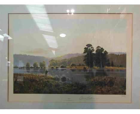 A limited edition lithograph after Gerald Coulson (b 1926) A person fly fishing at dawn with the sun rising over the hill, si