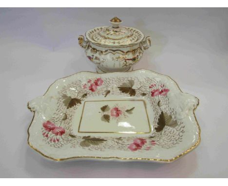 A Victorian lidded sucrier and a two-handled dish decorated with pink flowers, two a/f