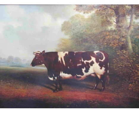 A gilt framed oleograph The Rochford Giant (1820) depicting show cow, 62.5cm x 42.5cm 