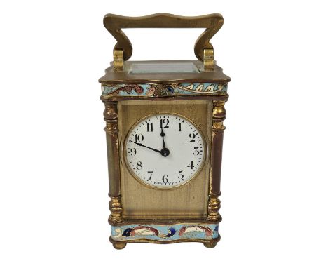 A French Gilt Brass and Champleve enamel miniature carriage clock with enamel dial inscribed made in France and gilt metal ma