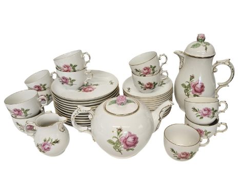 Furstenberg of Germany Rose decorated Tea set and Coffee set to comprise of Coffee Pot, Teapot, Cream Jug, 12 Cake plates, 11