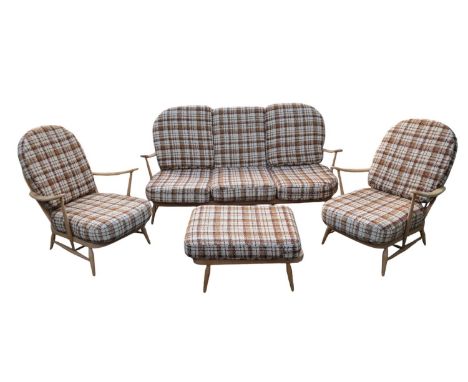Ercol Windsor Mid Century Elm Sofa Suite comprising of 3 seater sofa, 2 Elbow chairs and upholstered stool with Blue Label