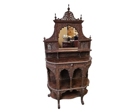 Late 19thC Carved Anglo Indian hardwood Chiffonier of mirrored back with intricate pierced carvings with single drawer. 175cm