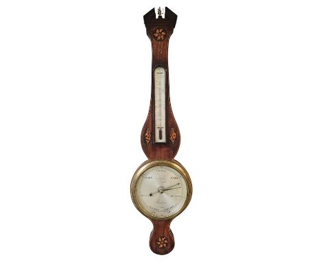 A 19thC Anthony Gatty mahogany and marquetry wheel barometer, with silvered dials, the 8.5inch main dial inscribed 'Gatty, Re