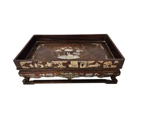Chinese Qing Dynasty Blackwood tray Inlaid with Mother of Pearl. Fine detailed with Bamboo, Rocky Outcrop, and figures. Of re
