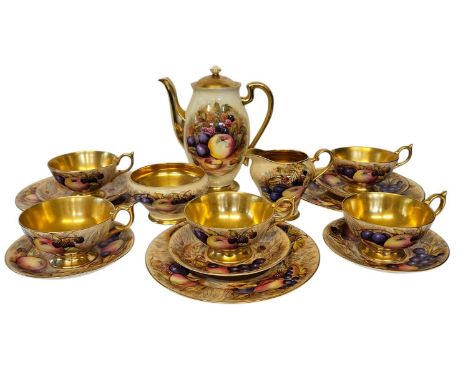 Aynsley China Orchard Gold tea/coffee set, gilded and hand painted with fruit, each piece signed respectively by Doris Jones 