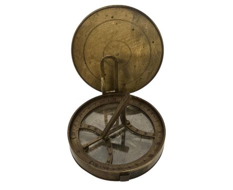 Late 18thC Equinoctial sundial clock in turned and engraved brass. 76mm in Diameter 