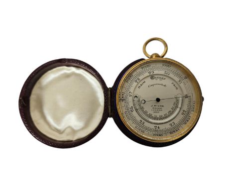 High Quality Victorian English pocket Compensated barometer by J Hicks of London marked 9687 in Leather fitted case. 6cm in D