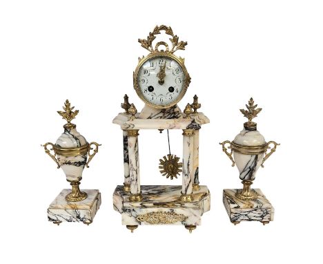 Good Quality Late 19thC French Louis XVI Style Mantle Pillar clock with enamel numeral face on Italian Marble and gilded ormo