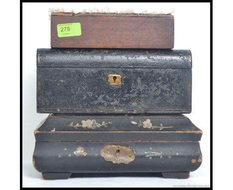A collection of 3x vintage / antique wooden boxes. One Chinese with remnants of shellwork decoration, another tapestry topped