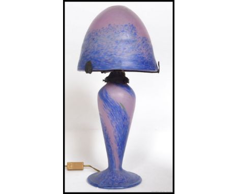 A believed mid century Daum Schneider Pate De Verre mushroom lamp. Unsigned, the Irridescent lamp and cover in purple and blu