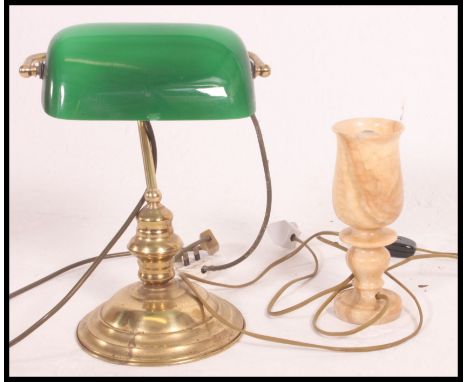 A 20th century brass with green glass shade bankers lamp, along with another lamp of similar age