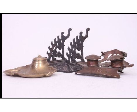 2 Victorian Art Nouveau brass desk tidy inkwells. Unmarked but in the manner of geschutzt. Together with a Victorian cast iro