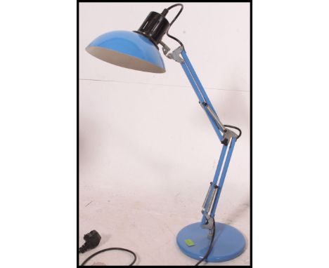 A retro desk lamp, anglepoise, with blue painted pendant shade and adjustable anglepoise arms on circular base