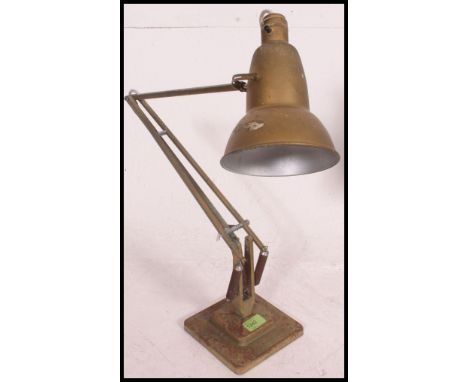 A good early 20th century Herbert Terry gilt finish industrial anglepoise lamp on square terraced base with original pendant 