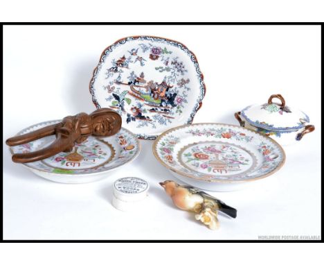 A pair of period ceramic plate warmers stamped to the underside Bottle Japan P.B & Co along with other items to include a nut