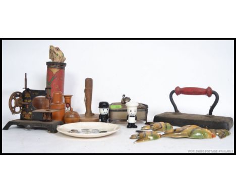 A dealers lot to include a collection  of treen items, graduating wall fish, a Asian Chinese / Japanese scroll holder, a Beat
