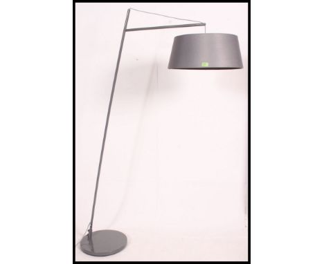 A large modernist grey metal  floor lamp - standard  with grey shade  on adjustable rope end. Ex BBC James Martin stage set f