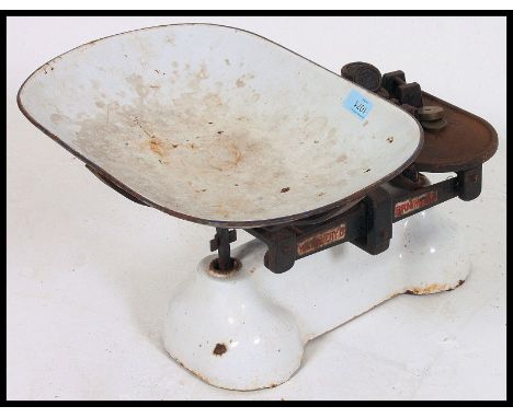 A vintage century Industrial pair of  white ' Avery ' shop scales food trough and weights. Original livery to centre