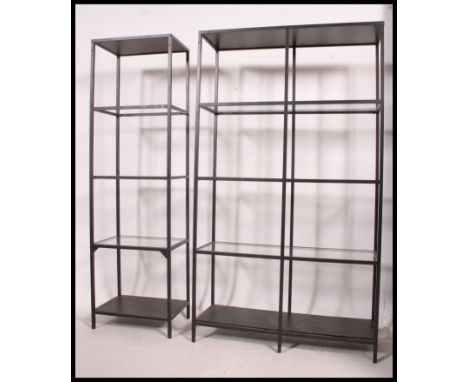 2 large contemporary Industrial style metal tubular upright shelving units - bookcases, each with glass shelves (one shelf mi