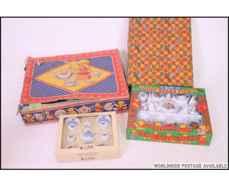 A collection of childrens ceramic teasets to include vintage chintz patterns in boxes, teddy bears picnic and a Steiff set