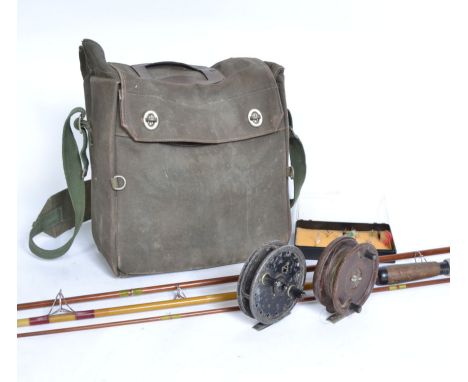 A vintage Alcock and Aerialite fly fishing reel with another Alcock reel, a fly rod, flies, tackle bag and another rod. Pleas