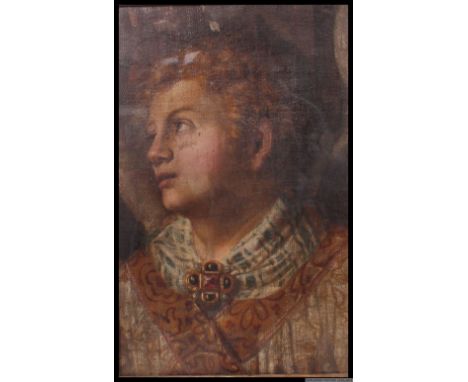 A 19th century oil on canvas 3/4 portrait study of a young man with clergy sash and brooch.