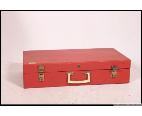 A large 1960's retro vintage red and white two tone picnic hamper with contents in good condition