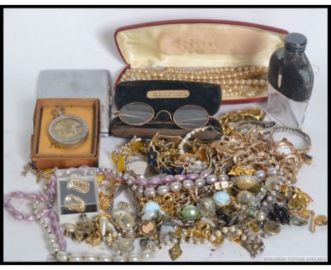 A box of costume jewellery to include bracelets, bangles, necklaces, watches, silver plate cigarette case, vintage Bee exposu