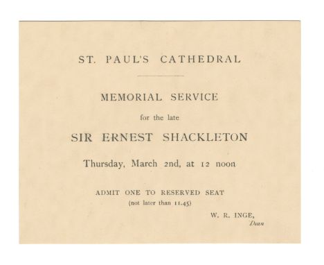 SHACKLETON (ERNEST)Printed Order of Service for Shackleton's Memorial Service at St Paul's Cathedral on Thursday March 2nd 19