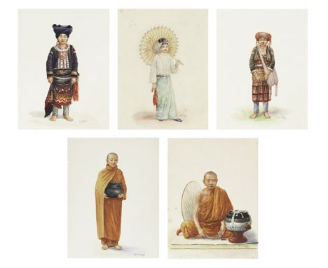 Mg Tun Hla (Burmese, 1874-1946)A set of five full length portrait studies of Burmese figures in traditional dresseach signed 