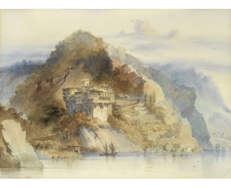 Vittorio Amedeo Preziosi (Maltese, 1816-1882)Two views in Mount Athos, Greece depicting the Monastery Dionysiou and the Monas